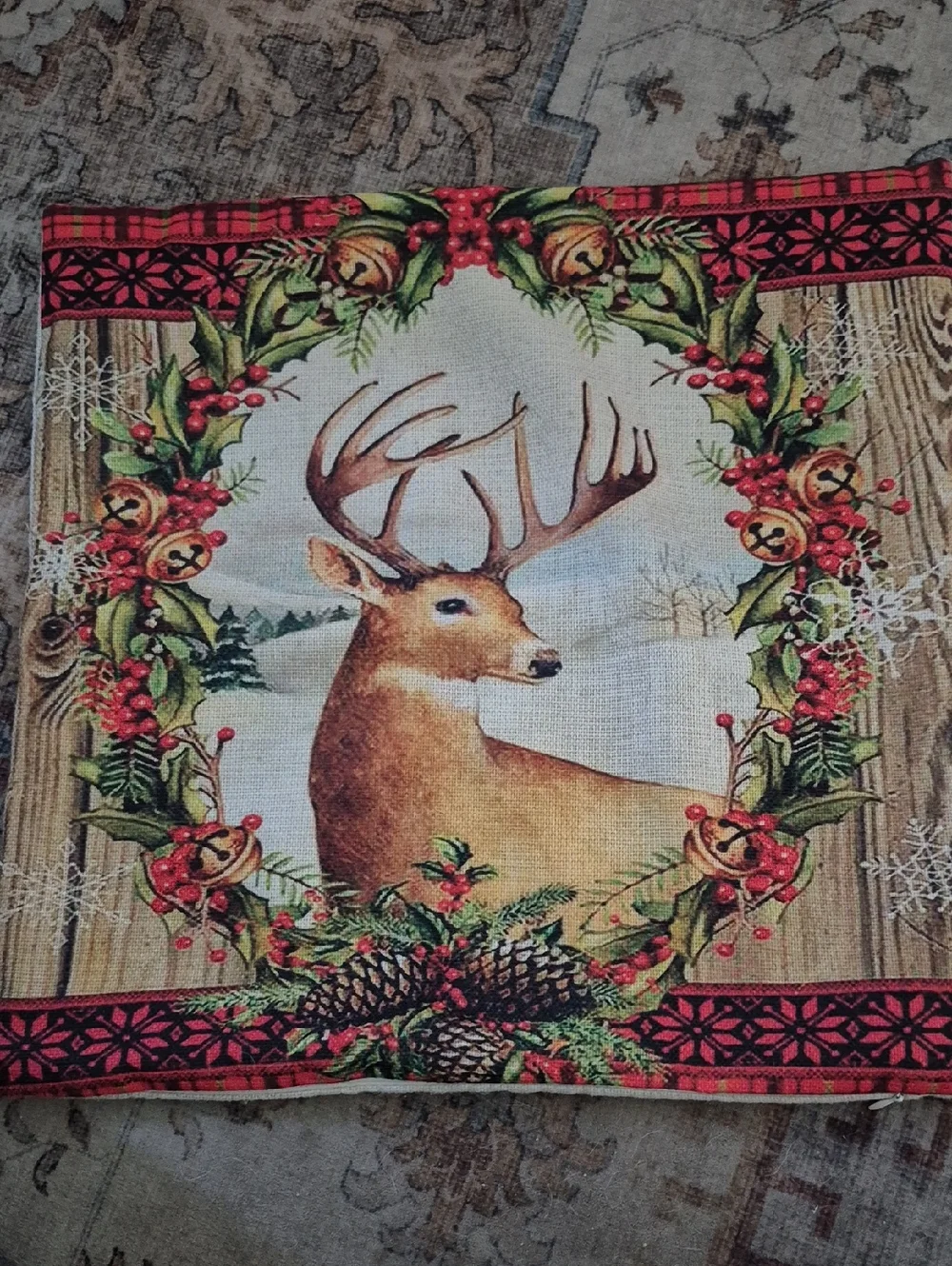 Holiday Deer Decorative Throw Pillow Cover - Red, Green, Brown